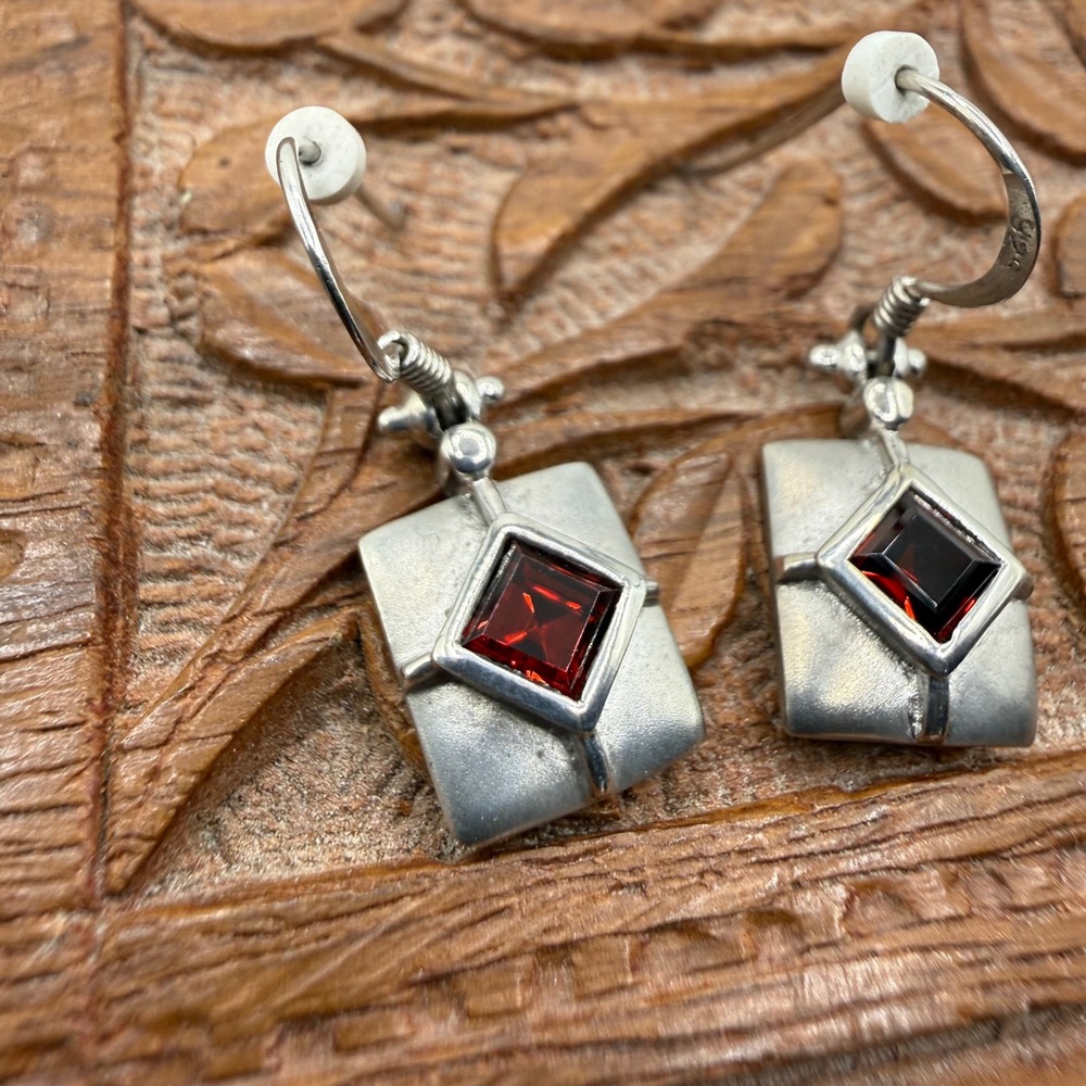 Sterling Silver Garnet Square Earrings Dangle 925 Red Square Classic Designer - Picture 3 of 10